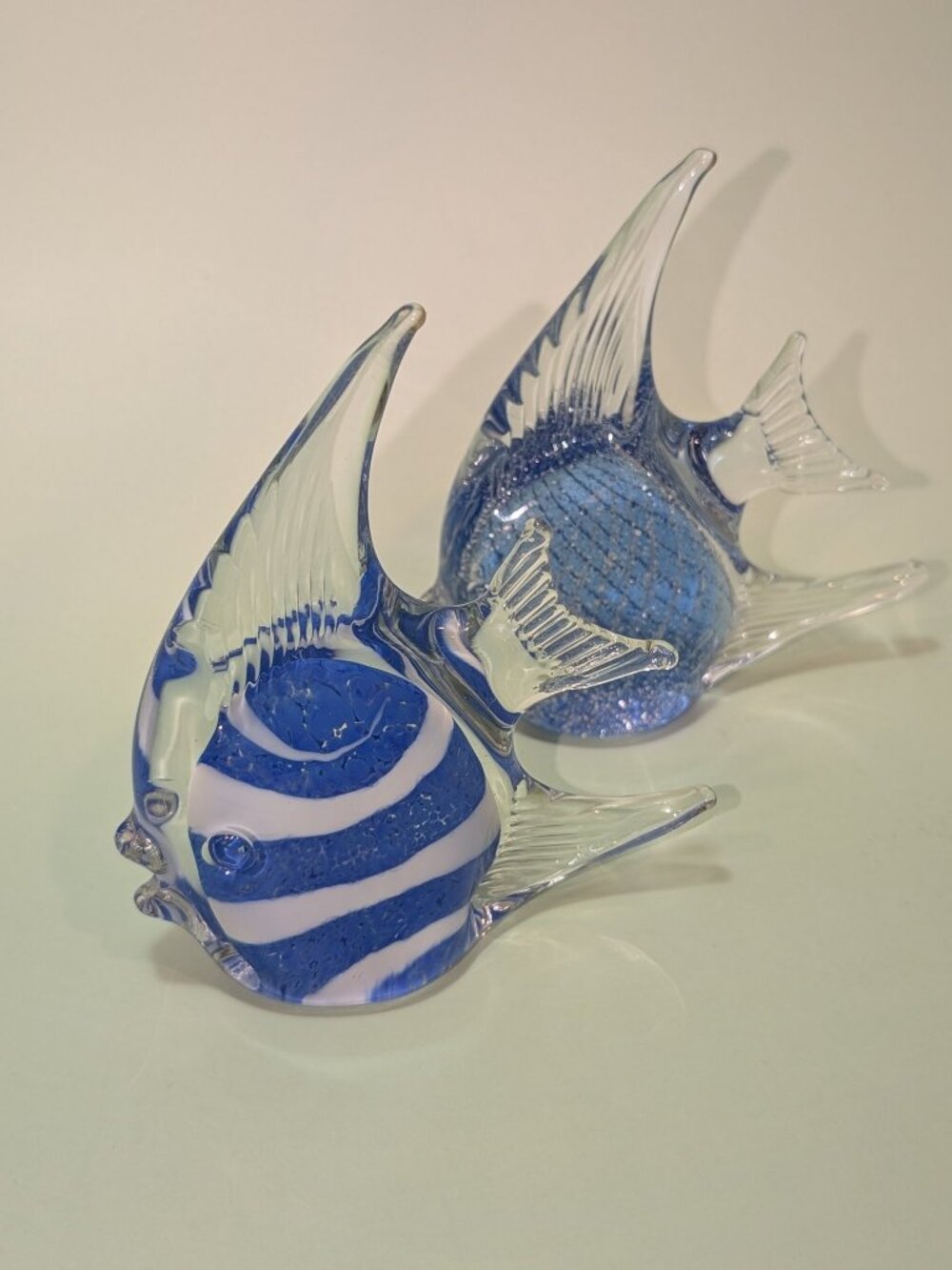 Murano-Style Art Glass Angelfish Pair Blue Speckled & Striped Set